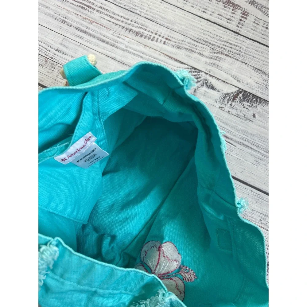 American Girl Tote Bag Kids Teal Hibiscus Flower Frayed Canvas Rope Handles